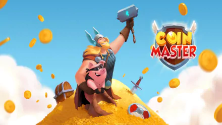 HD wallpaper featuring Coin Master game with a viking character and pig on a mound of coins against a blue sky.