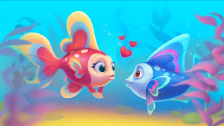 A vibrant HD desktop wallpaper from the game Fishdom, featuring two colorful animated fish exchanging affectionate glances amidst a whimsical underwater setting.