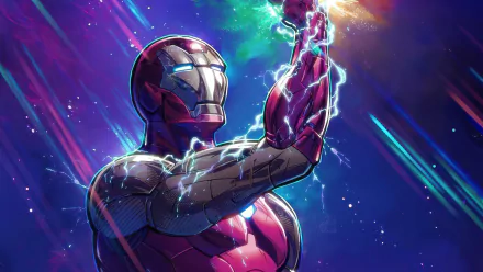 Comic-style Iron Man powering up amid neon cosmic streaks — vibrant 4K Ultra HD PC desktop wallpaper and background.