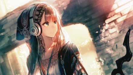 HD desktop wallpaper featuring an anime character with long hair, wearing a hat and headphones. The character stands in front of a stone wall, illuminated by soft, warm light in an enchanting setting.