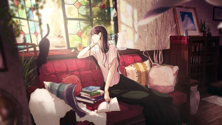 Anime HD wallpaper featuring a girl with long black hair relaxing on a red sofa beside a stack of books, a cat, and a stained glass window in a cozy room.