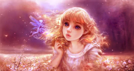 A dreamy fantasy scene featuring a young elf with pointed ears and flowing hair, accompanied by a glowing fairy amid a sparkling, ethereal background.