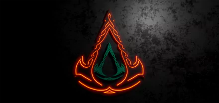 4K Ultra HD PC desktop wallpaper featuring the glowing neon logo of the video game Assassin's Creed Valhalla against a textured dark background.