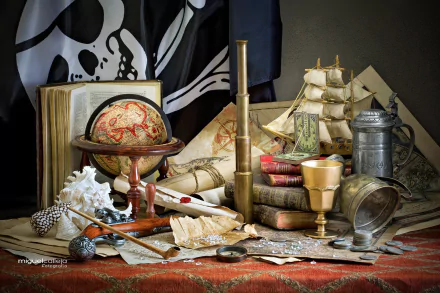 pirate flag telescope coin compass shell book photography still life HD Desktop Wallpaper | Background Image