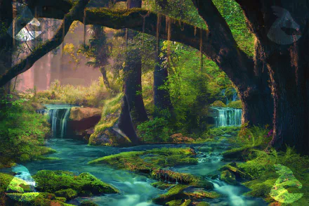 HD artistic wallpaper of a lush forest with a waterfall, surrounded by greenery and large trees.