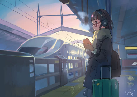 Anime-style HD desktop wallpaper of a person wearing headphones, standing with luggage on a train platform as a sleek train arrives in the background.