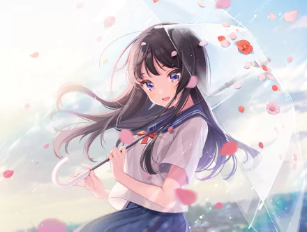 Anime girl with blue eyes and black hair in a school uniform holding a transparent umbrella, surrounded by floating pink petals in a bright, soft background.