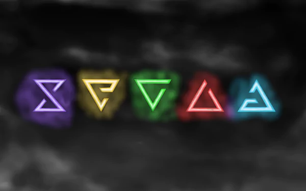 4K Ultra HD PC wallpaper: glowing triangular Witcher signs—purple, yellow, green, red, blue—over a smoky black background. The Witcher 3: Wild Hunt.