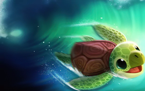 A cute fantasy turtle swims joyfully through vibrant blue and green waters in this HD desktop wallpaper and background.