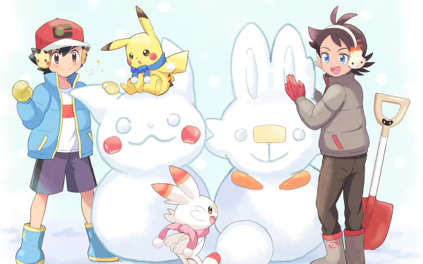 Anime-style HD desktop wallpaper featuring Ash Ketchum and Goh with brown and blue eyes, black hair, wearing boots, surrounded by snow, Pikachu, and Scorbunny.
