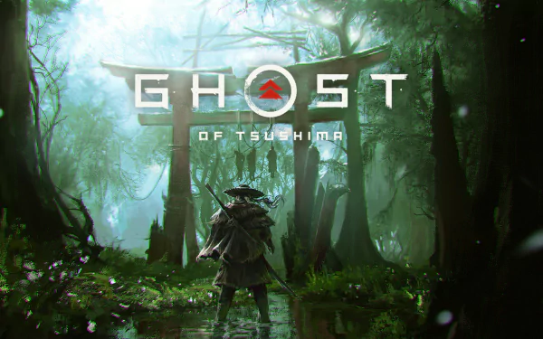 HD PC desktop wallpaper featuring Jin Sakai from the video game Ghost of Tsushima, standing in a misty forest with the game title displayed above.