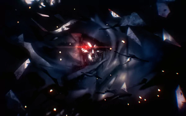 HD desktop wallpaper featuring Ainz Ooal Gown from the anime Overlord, displaying a dark and mystical aura with shards and glowing red eyes.