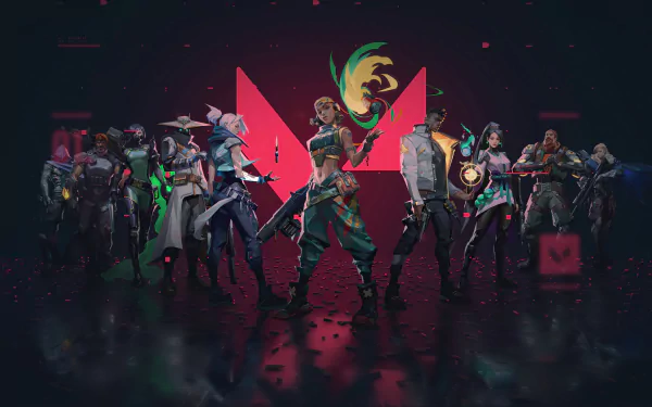 4K Ultra HD Valorant desktop wallpaper featuring iconic agents Omen, Reyna, Sova, Sage, Cypher, Breach, Phoenix, Jett, and Brimstone in dynamic poses.