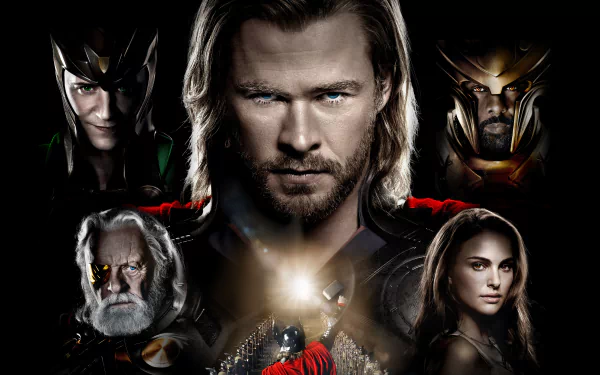 Natalie Portman Idris Elba Anthony Hopkins Tom Hiddleston Chris Hemsworth Jane Foster Heimdall (Marvel Comics) Odin Loki (Marvel Comics) movie Thor HD Desktop Wallpaper | Background Image