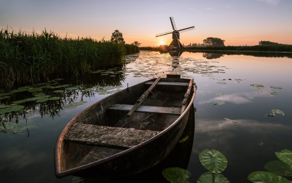 Man Made Windmill Sunrise Boat HD Wallpaper | Background Image