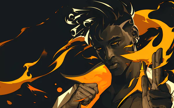 HD wallpaper of Phoenix from the video game Valorant, featuring his intense gaze surrounded by flames, creating a dynamic and action-packed background.