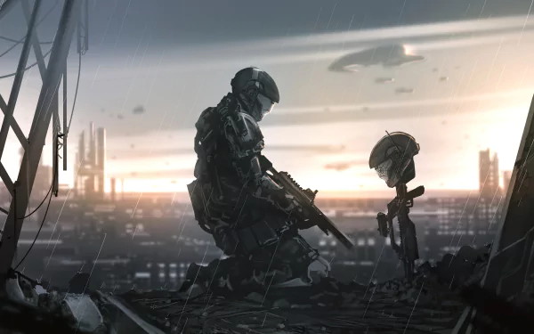 A futuristic soldier from Halo 3: ODST kneels amidst ruins, holding a rifle with a helmet on a stick nearby, set against a cityscape at dawn in 4K Ultra HD detail.