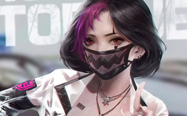 Anime girl with short black and purple hair wearing a patterned mask and layered jewelry, depicted in high detail as a 4K Ultra HD PC desktop wallpaper.