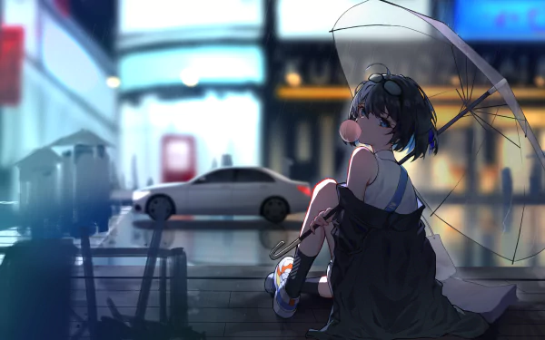 HD desktop wallpaper featuring Seele Vollerei from the video game Honkai Impact 3rd, sitting with an umbrella against a city backdrop at night.