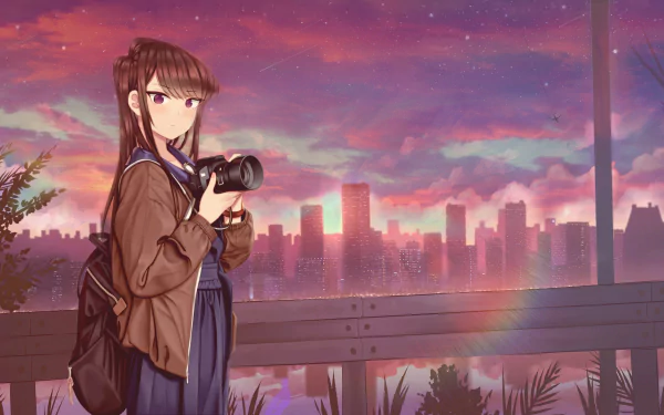 camera sunset city backpack purple eyes Anime Komi Can't Communicate anime sunset HD Desktop Wallpaper | Background Image