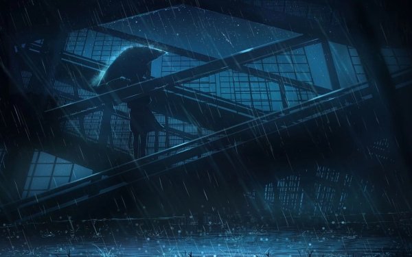 Anime Original Stairs Rain Night Umbrella HD Wallpaper | Background Image