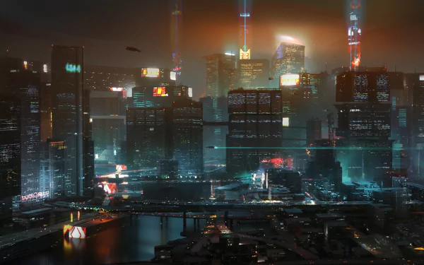 HD desktop wallpaper and background featuring a stunning night cityscape from the video game Cyberpunk 2077, showcasing skyscrapers illuminated by neon lights and a futuristic, immersive atmosphere.