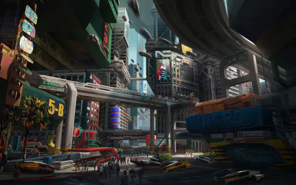 High-definition desktop wallpaper featuring a futuristic cityscape from the video game Cyberpunk 2077, showcasing towering buildings, intricate highways, and vibrant neon lights.
