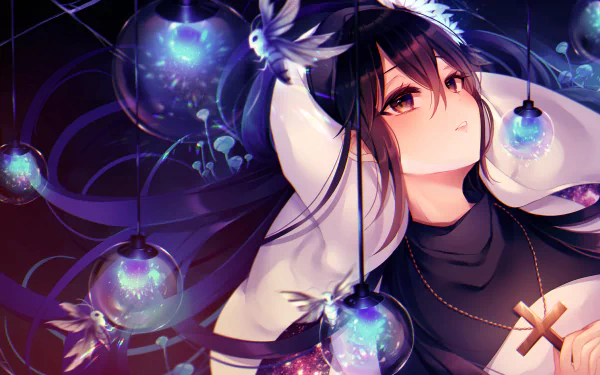 An HD anime wallpaper featuring an original character with black hair, adorned with a cross necklace, surrounded by luminous lamps.
