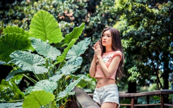 Women Asian Model Shorts Brunette Long Hair Depth Of Field HD Wallpaper | Background Image