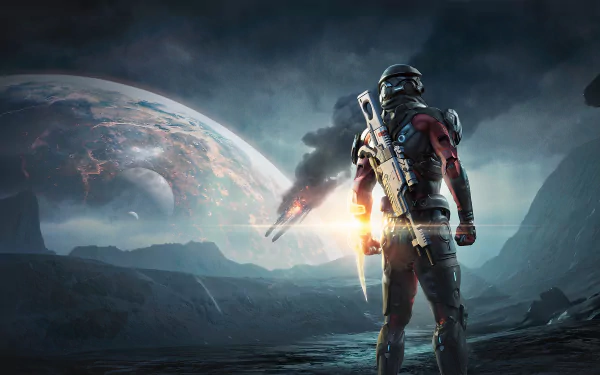 4K Ultra HD PC desktop wallpaper featuring a character from the video game Mass Effect: Andromeda standing on an alien landscape with planets and explosions in the background.