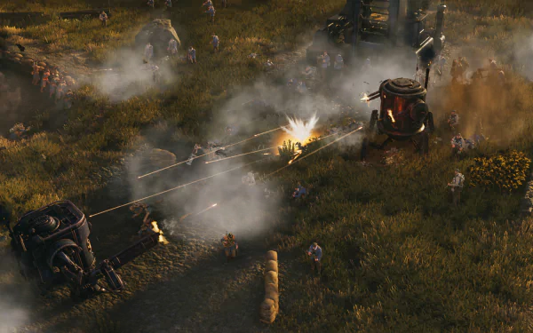 HD Iron Harvest game wallpaper featuring a dynamic battlefield scene with mechs and infantry in combat.