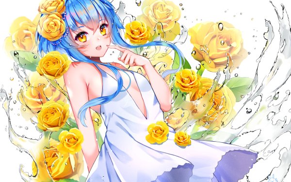 Anime Original White Dress Yellow Flower Yellow Eyes Long Hair Blue Hair HD Wallpaper | Background Image