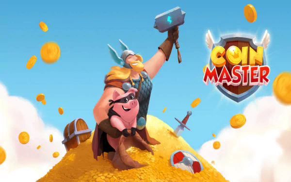 HD wallpaper featuring Coin Master game with a viking character and pig on a mound of coins against a blue sky.