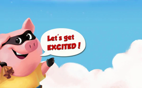 HD desktop wallpaper of Coin Master with an animated pig exclaiming Let's get EXCITED! against a blue sky and cloud background.