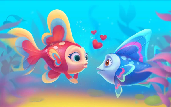 A vibrant HD desktop wallpaper from the game Fishdom, featuring two colorful animated fish exchanging affectionate glances amidst a whimsical underwater setting.