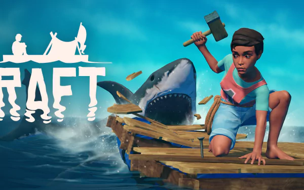 HD wallpaper featuring an animated character on a wooden raft with a shark leaping from the ocean, for the game Raft.