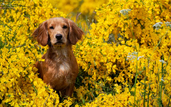 yellow flower dog Animal spaniel HD Desktop Wallpaper | Background Image