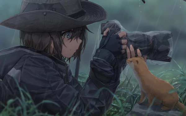 An anime character with short black hair and blue eyes, wearing a hat, leans in to photograph a marten in a rainy forest setting. The scene is rendered in HD and serves as a desktop wallpaper.