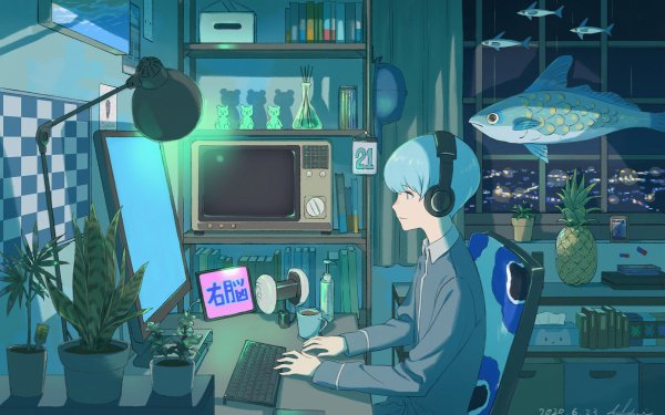 Anime Original Headphones Fish Blue Hair HD Wallpaper | Background Image