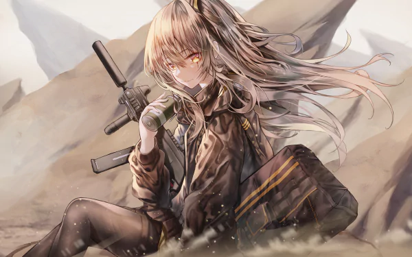 HD PC desktop wallpaper featuring UMP45 from the Girls Frontline video game, depicted with windswept hair and holding a rifle in a desert-like setting.