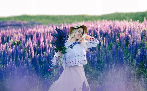 Women Mood Field Flower Smile Hat Blonde Lupine HD Wallpaper | Background Image