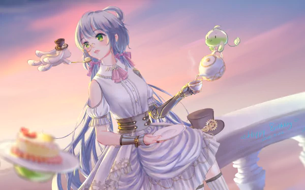 4K Ultra HD anime wallpaper of Vocaloid Luo Tianyi: long white hair, green eyes, ornate white dress, floating desserts and pastel sunset background.