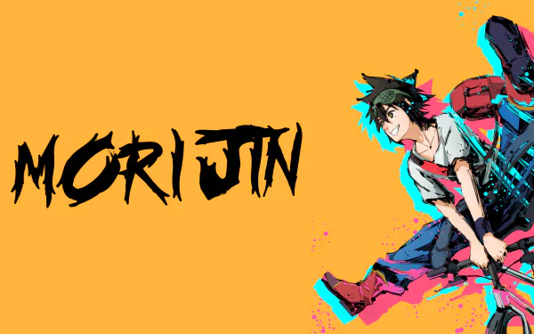 4K Ultra HD anime wallpaper featuring Jin Mori from The God of High School riding a bicycle against an orange background with bold black text.