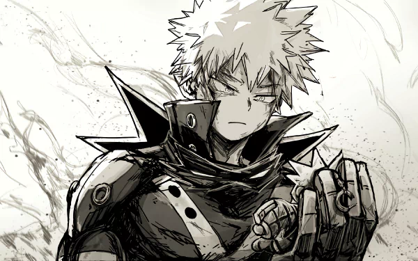 4K Ultra HD anime desktop wallpaper featuring Katsuki Bakugou from My Hero Academia in a dynamic, monochrome illustration style.