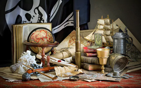 pirate flag telescope coin compass shell book photography still life HD Desktop Wallpaper | Background Image
