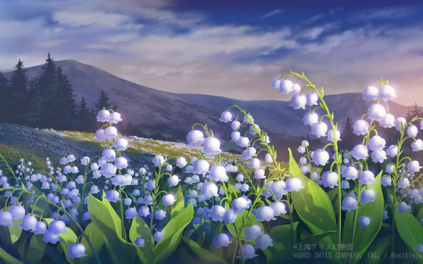 HD anime desktop wallpaper featuring white lily of the valley flowers in a scenic mountainous landscape, inspired by Touhou aesthetics.