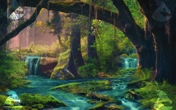 HD artistic wallpaper of a lush forest with a waterfall, surrounded by greenery and large trees.