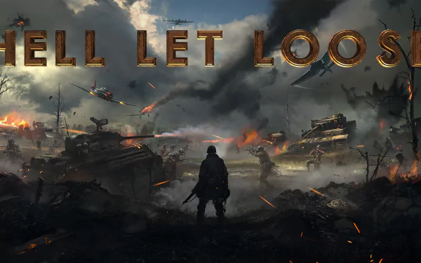 HD wallpaper for Hell Let Loose featuring a solitary soldier amidst a chaotic battlefield with explosions and tanks under a stormy sky.