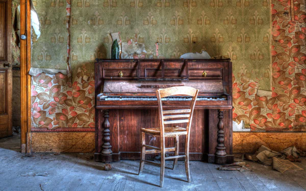 4K Ultra HD wallpaper of an abandoned room featuring a weathered piano and a wooden chair against faded, peeling floral wallpaper.