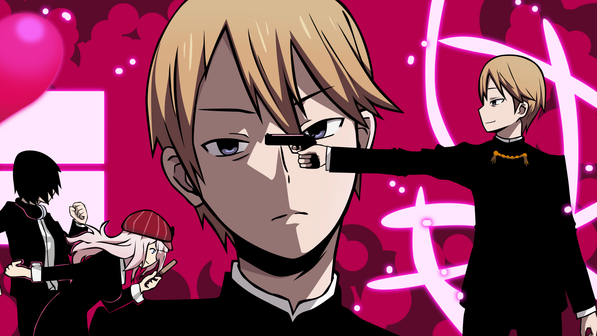 4K Ultra HD anime wallpaper featuring Chika Fujiwara, Yu Ishigami, and Miyuki Shirogane from Kaguya-sama: Love is War with vibrant pink and black tones.